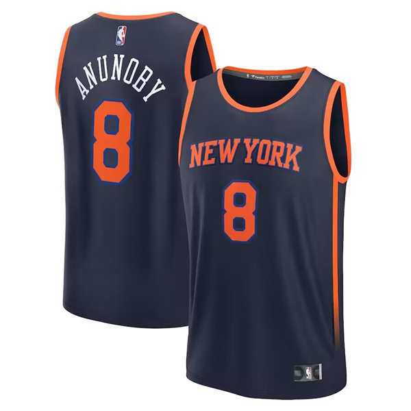 Men's New Yok Knicks #8 OG Anunoby Navy Statement Edition Stitched Basketball Jersey